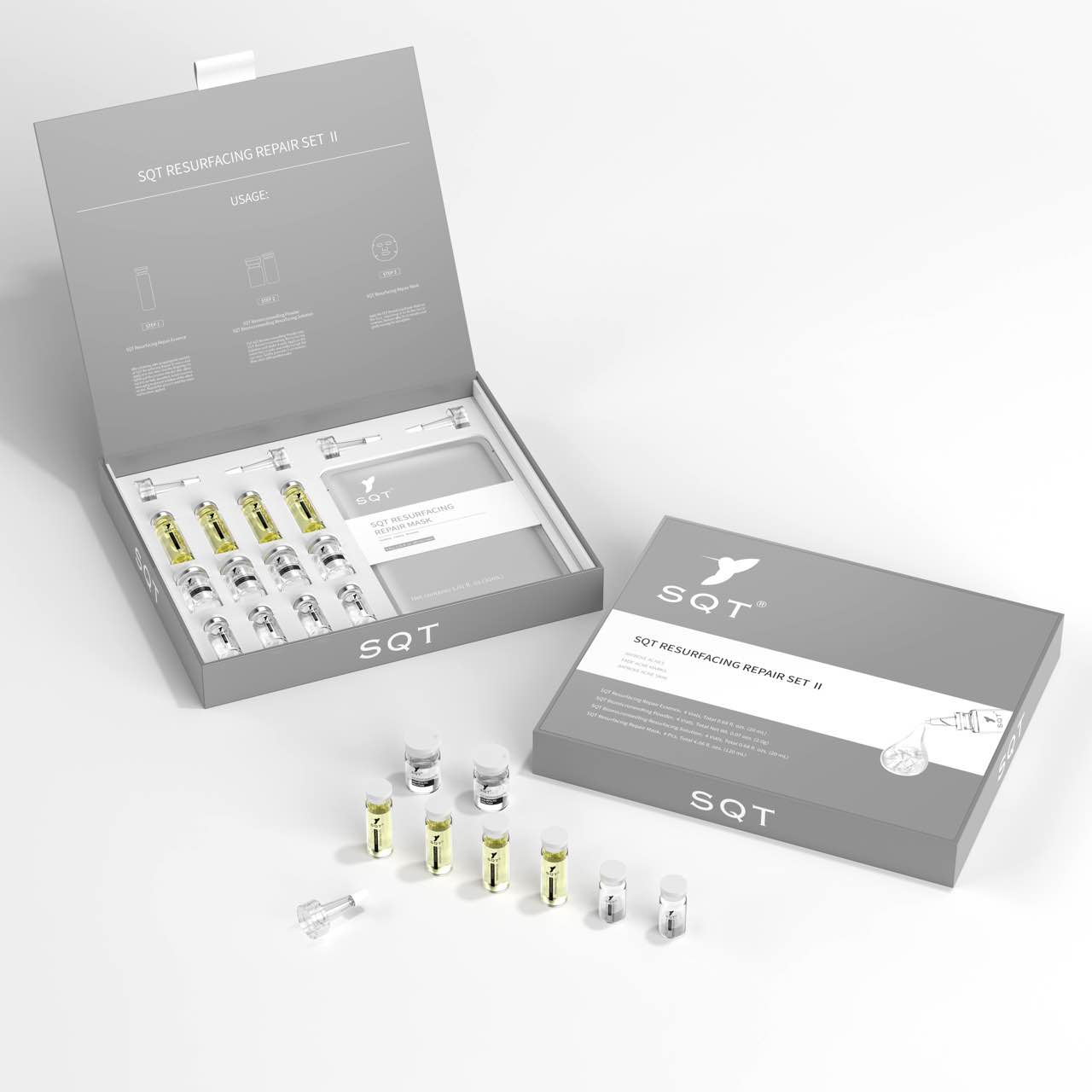 sqt biomicroneedling box with resurfacing repair treatment written on the box. The box is on a white backgroun